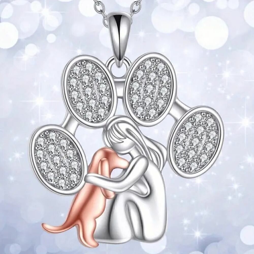 Dog Paw Heart Necklace Silver Plated Pet Lover